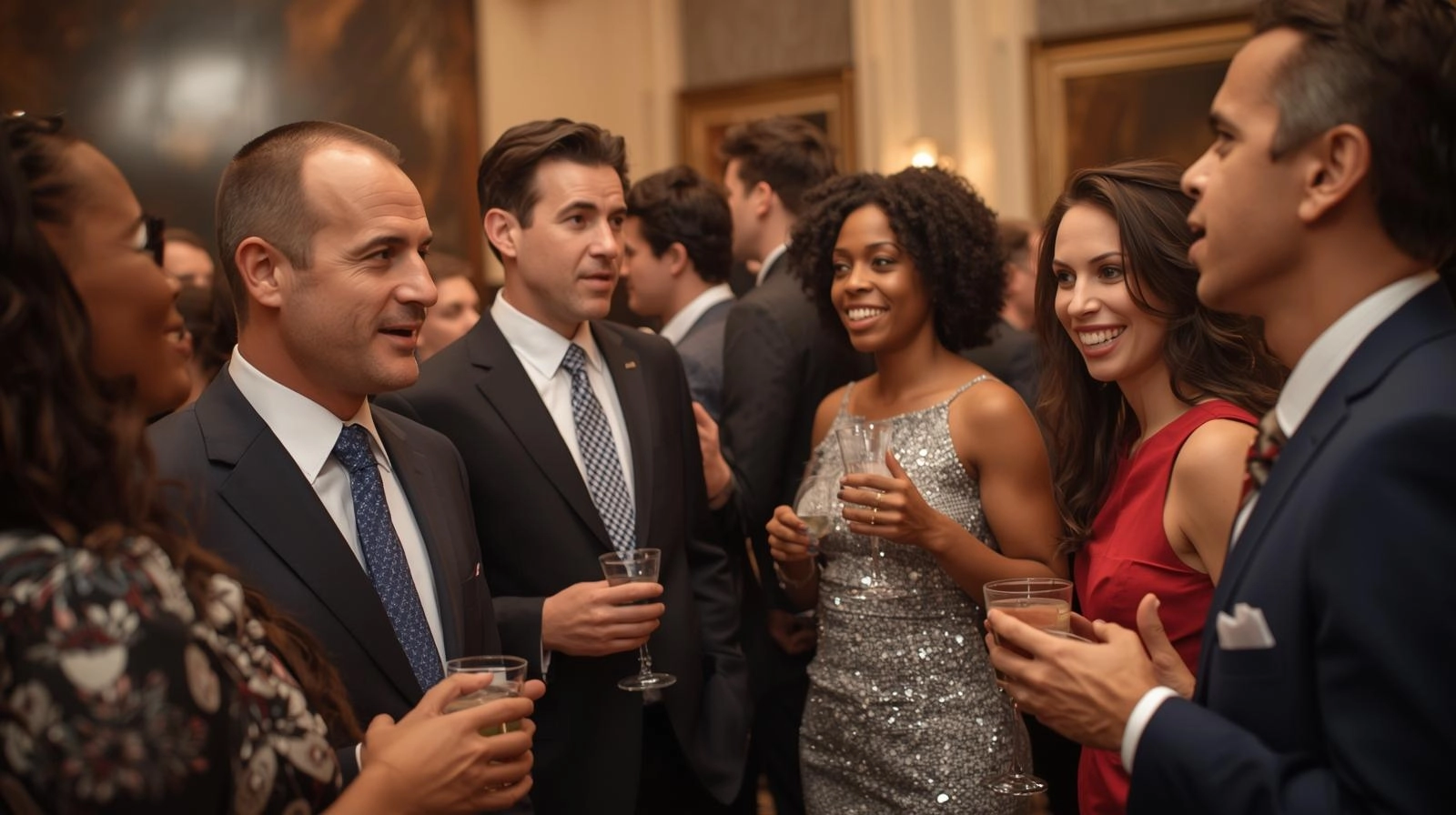 一群成功人士在社交場合交流