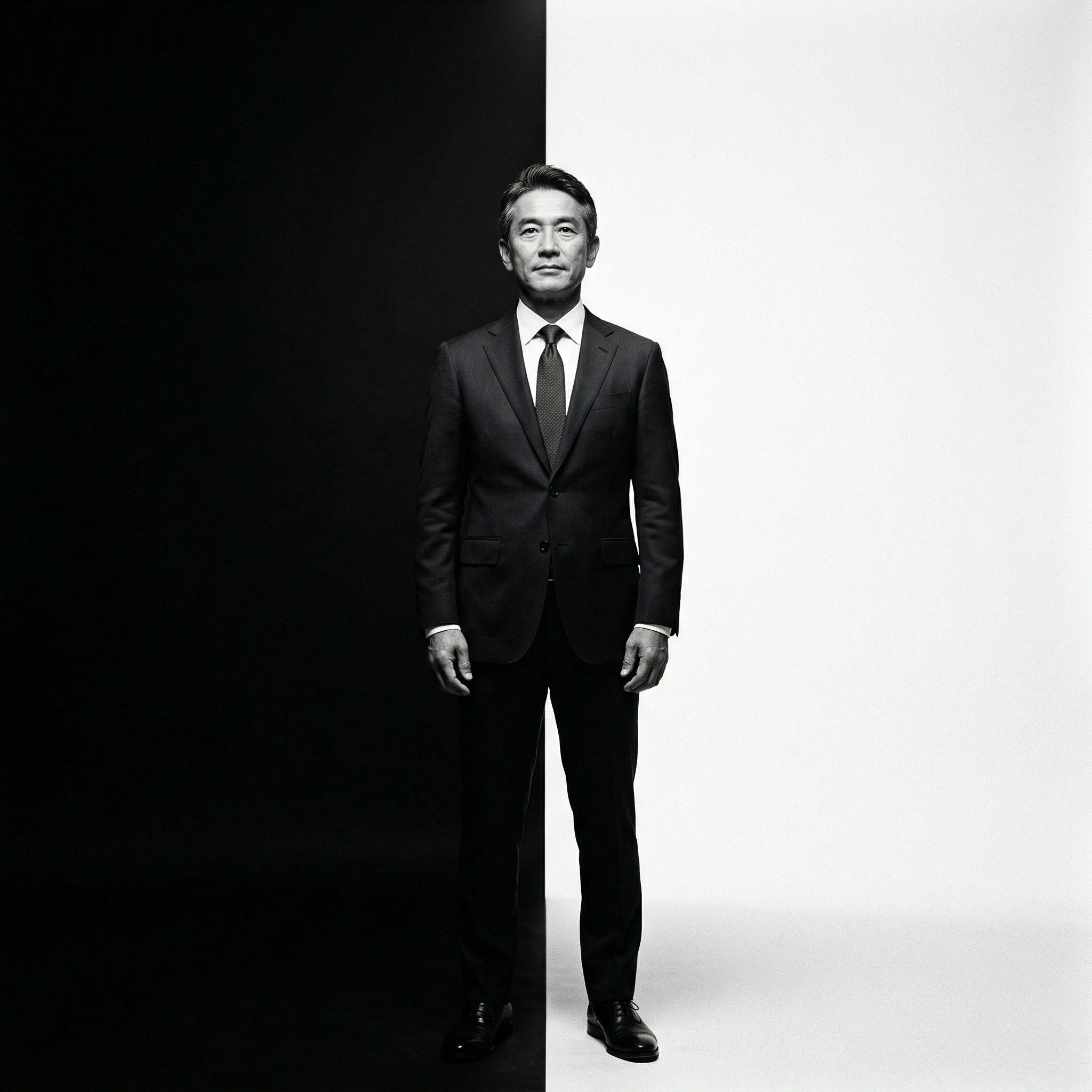 u一個穿西裝的男人站在黑白的背景中間