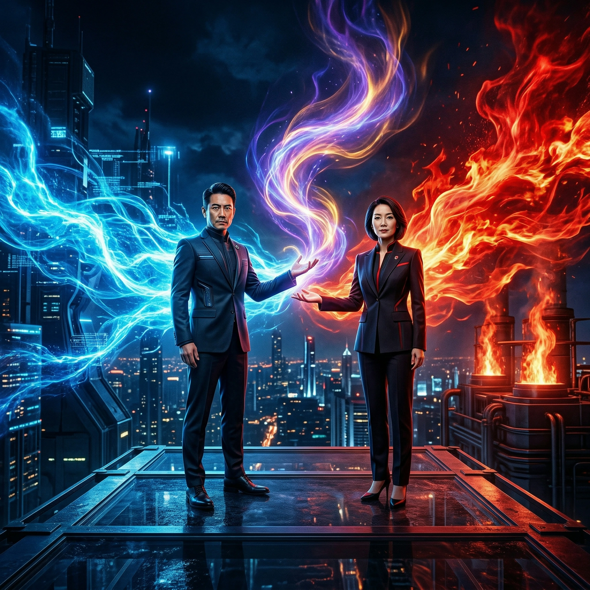 一男一女穿西裝站在冰與火之間