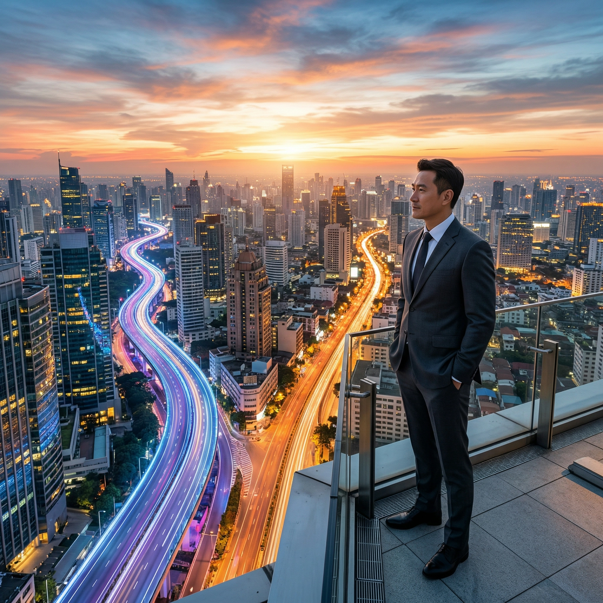 一個成功男人站在頂樓看向城市