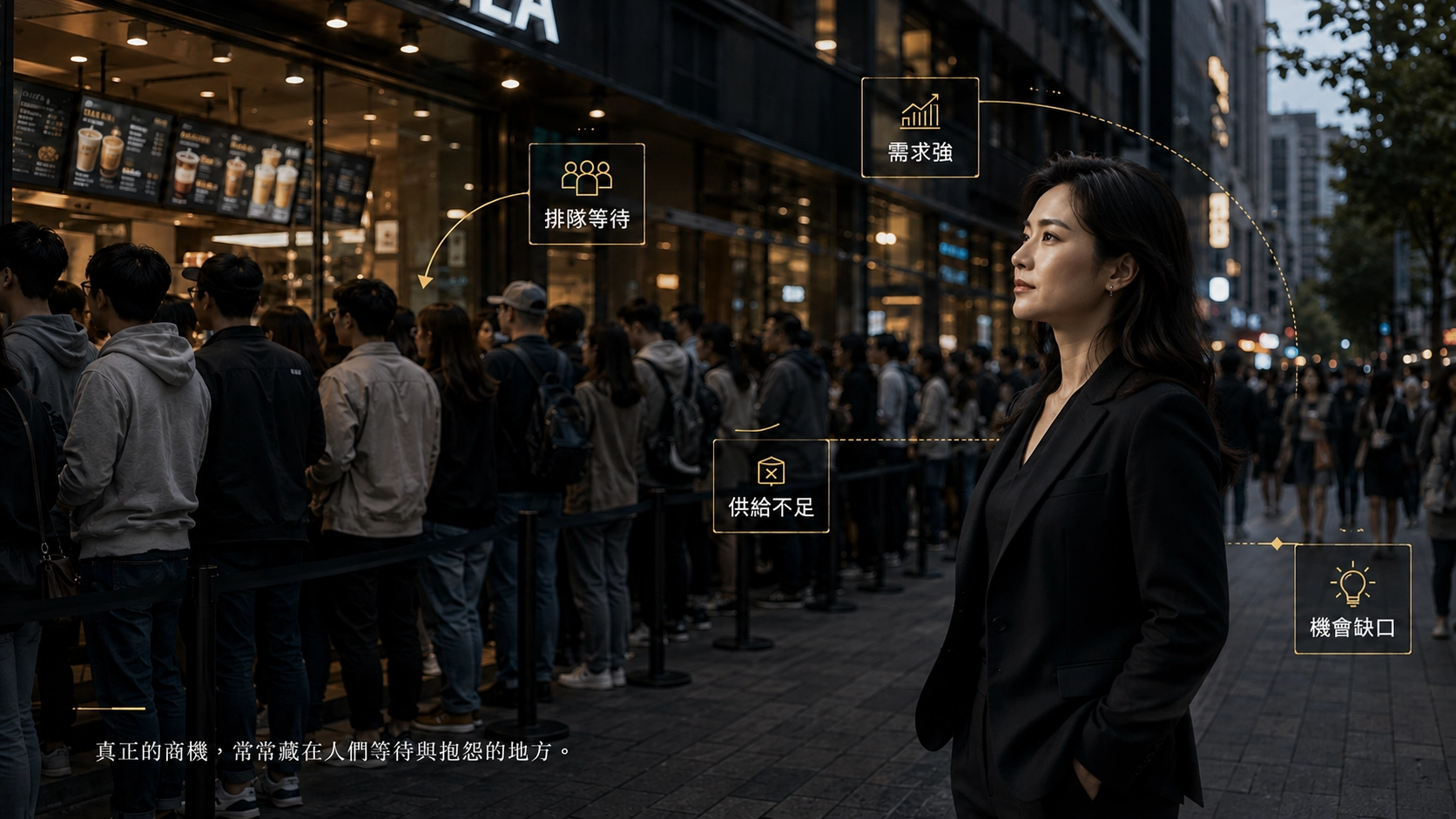 一位女性看到大排長龍的店，在分析她的商業模式