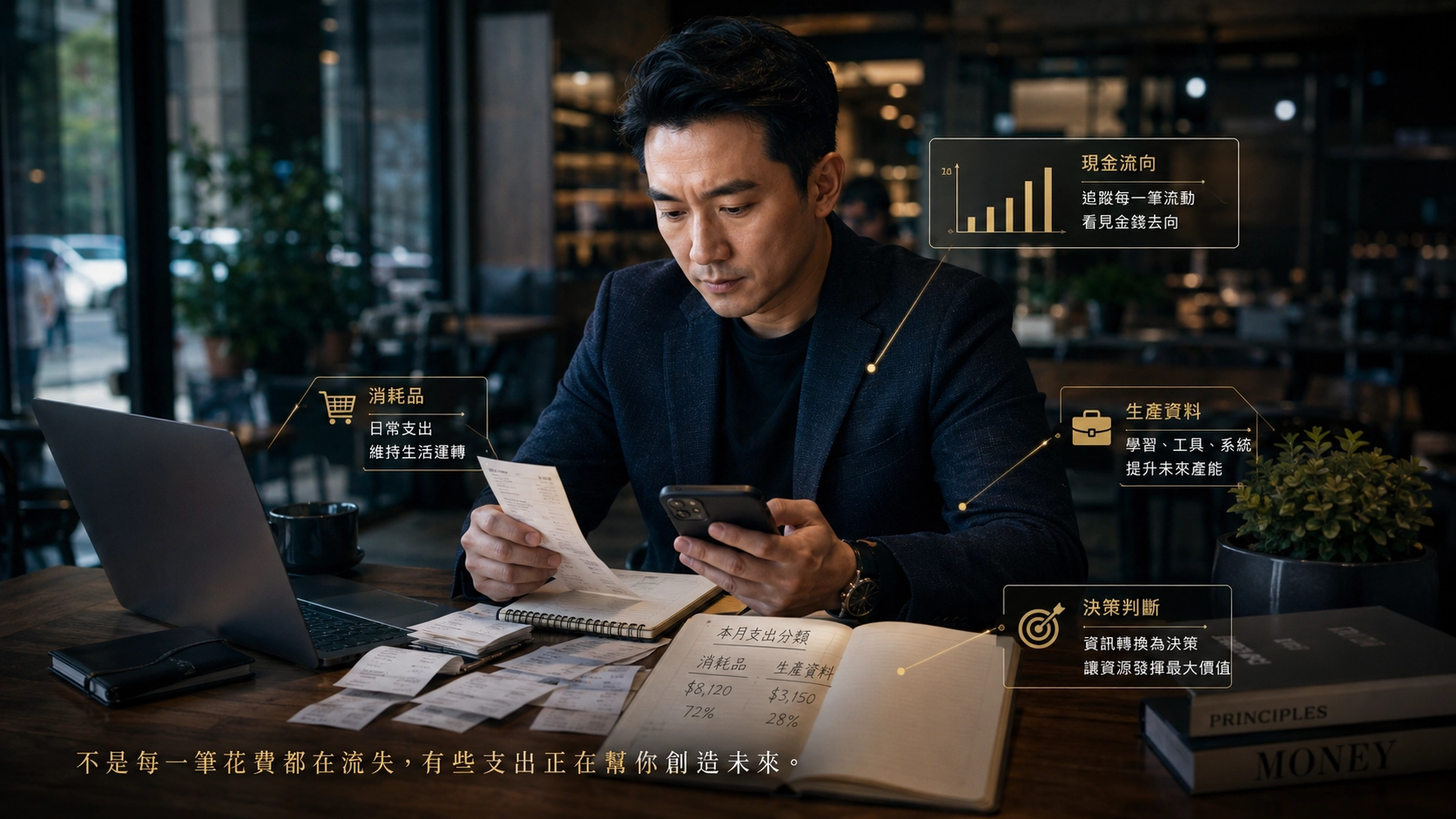 一位男性在計算他每個月的生活支出跟消費